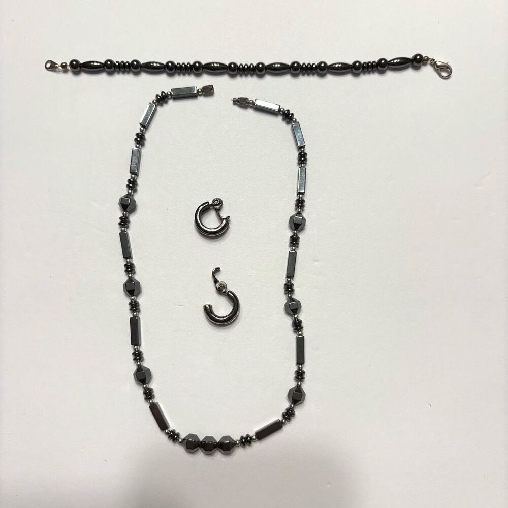 Women Hematite Style Beaded Necklace Beaded Bracelet and Small Clip on Earrings